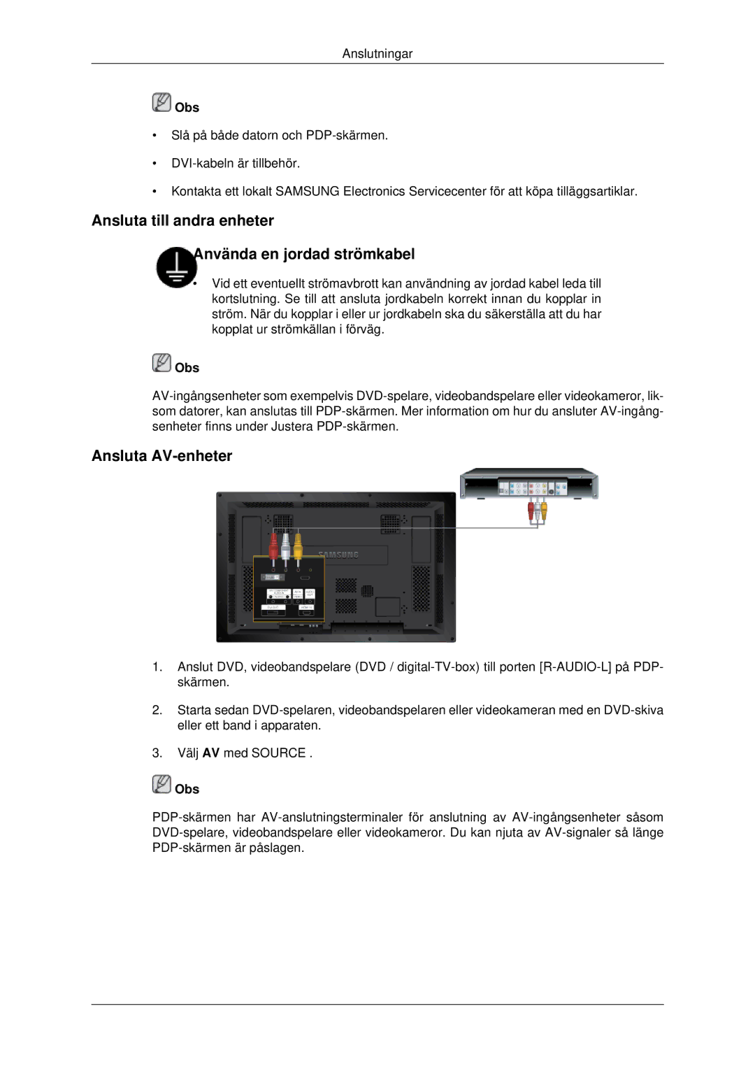 Samsung PH42KPPLBC/EN manual Ansluta till andra enheter Använda en jordad strömkabel, Ansluta AV-enheter 