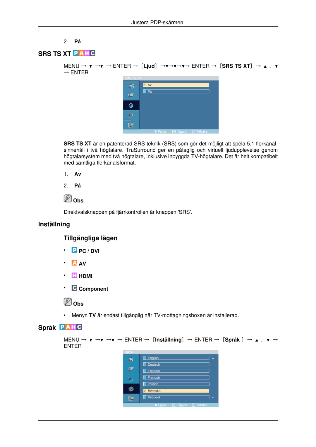 Samsung PH42KPPLBC/EN manual Inställning Tillgängliga lägen, Språk 