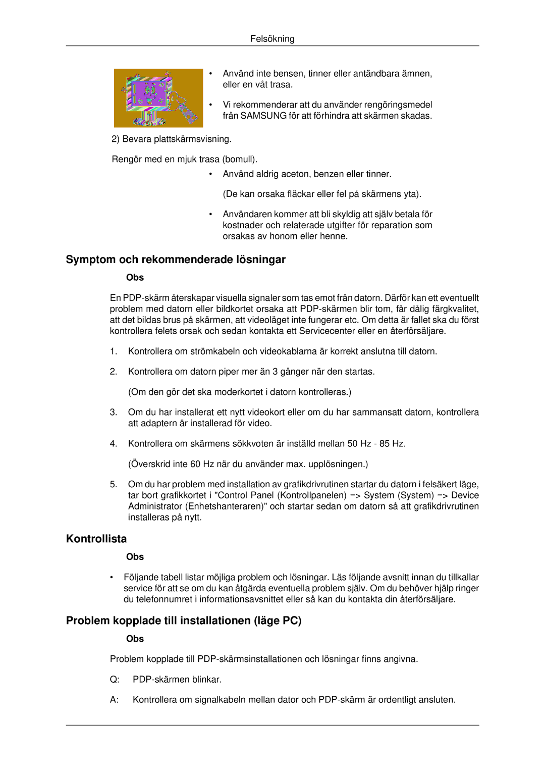 Samsung PH42KPPLBC/EN Symptom och rekommenderade lösningar, Kontrollista, Problem kopplade till installationen läge PC 