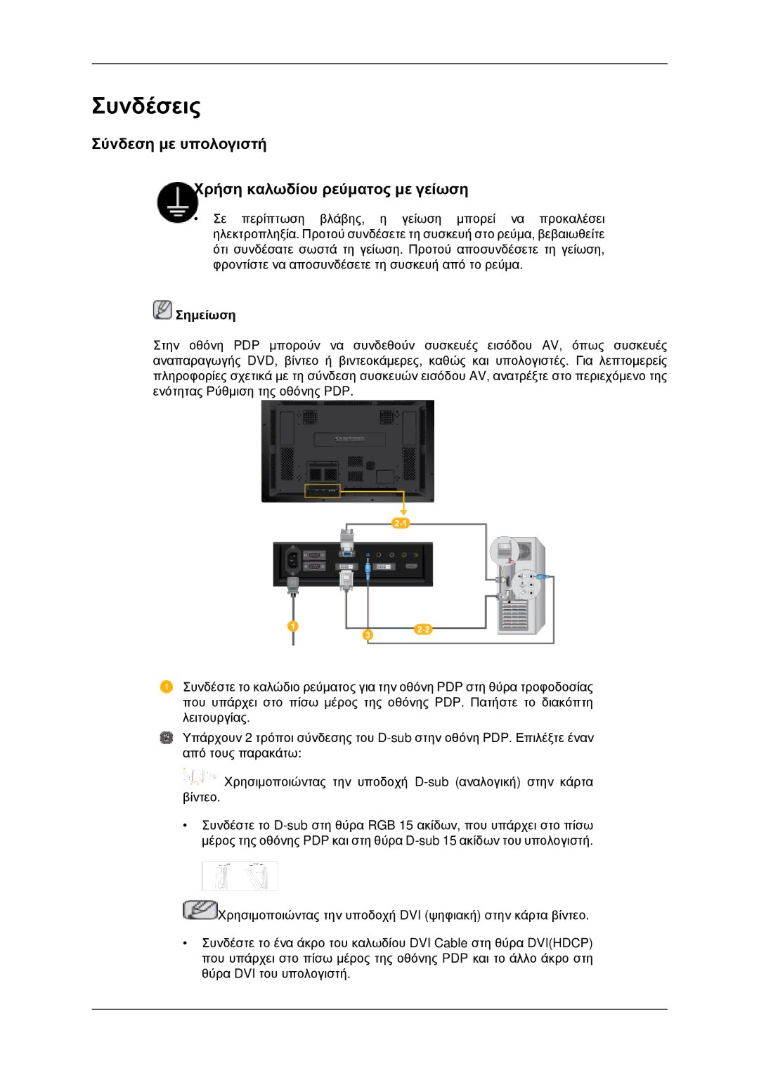 Samsung PH42KPPLBC/EN manual Συνδέσεις, Σύνδεση με υπολογιστή Χρήση καλωδίου ρεύματος με γείωση 