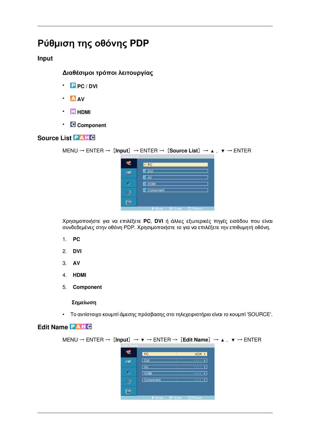 Samsung PH42KPPLBC/EN manual Input Διαθέσιμοι τρόποι λειτουργίας, Source List, Edit Name 