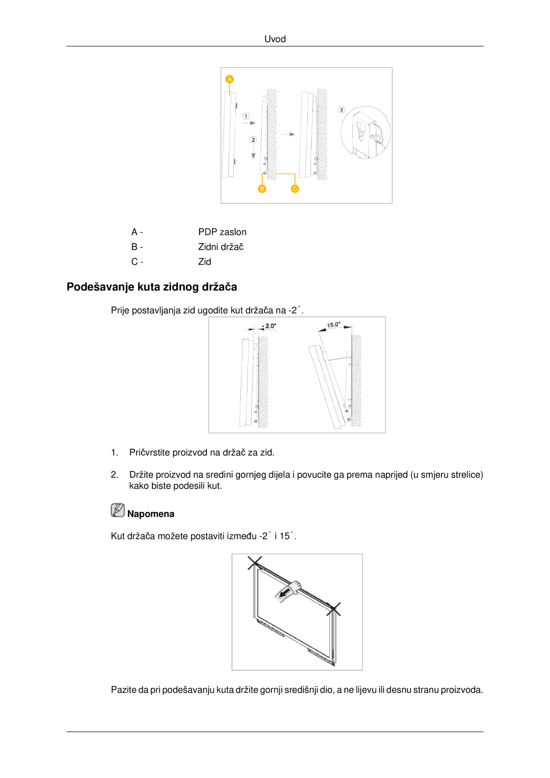 Samsung PH42KPPLBC/EN manual Podešavanje kuta zidnog držača, Napomena 