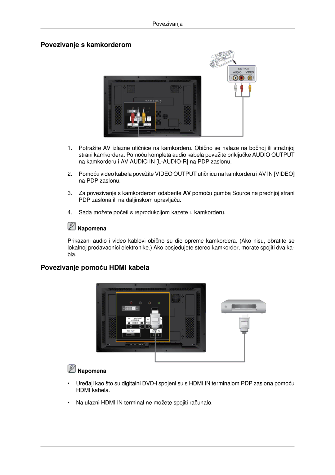 Samsung PH42KPPLBC/EN manual Povezivanje s kamkorderom, Povezivanje pomoću Hdmi kabela 