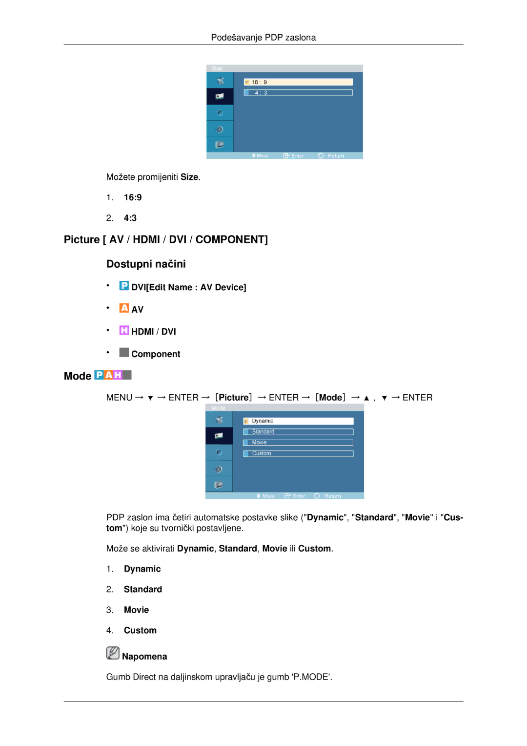 Samsung PH42KPPLBC/EN manual Picture AV / Hdmi / DVI / Component Dostupni načini, Mode, DVIEdit Name AV Device 