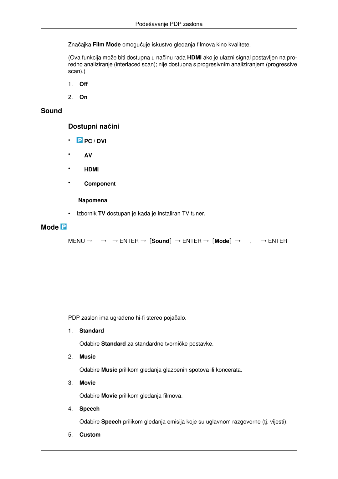 Samsung PH42KPPLBC/EN manual Sound Dostupni načini, Off, Music, Speech 