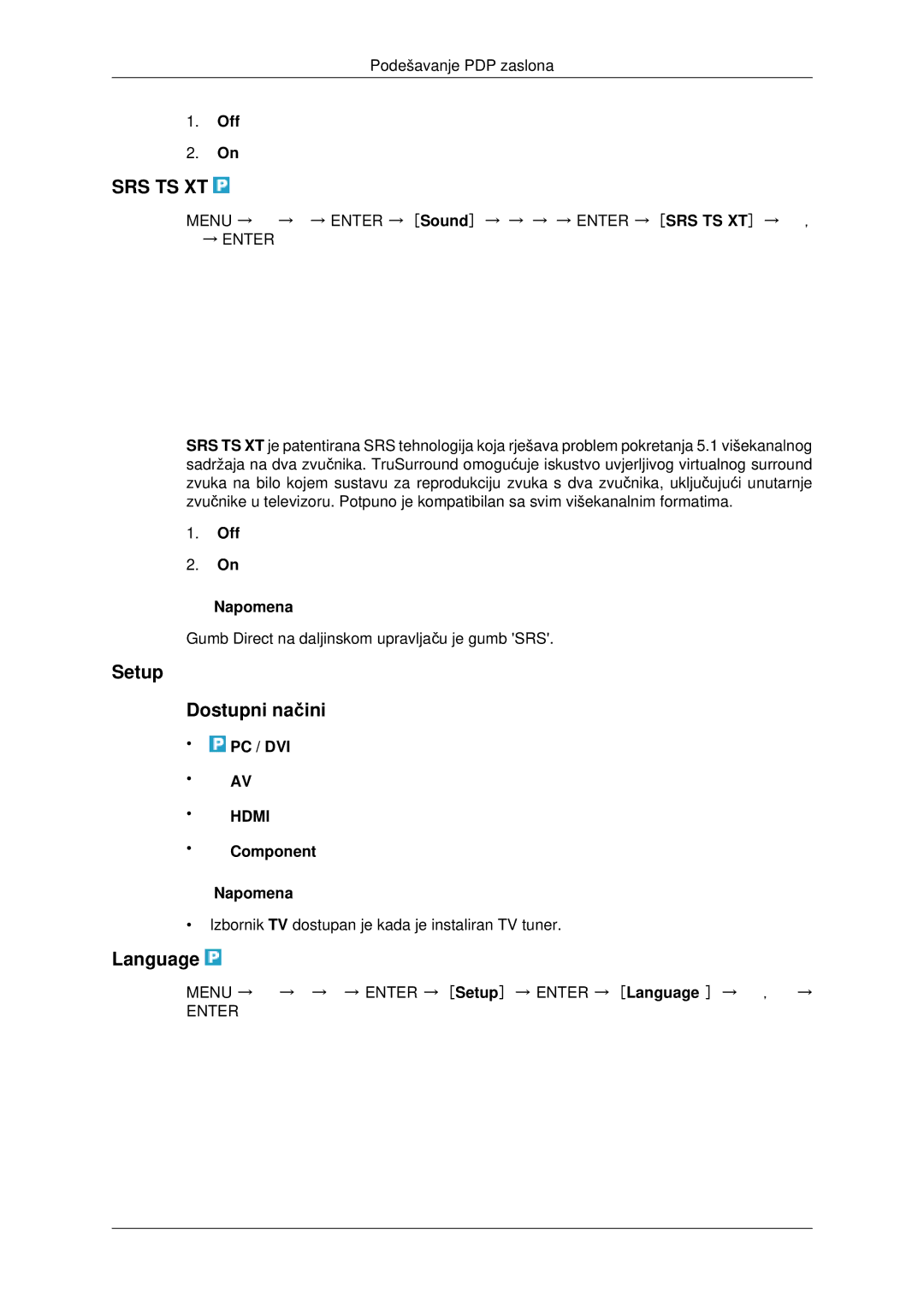 Samsung PH42KPPLBC/EN manual Setup Dostupni načini, Language 