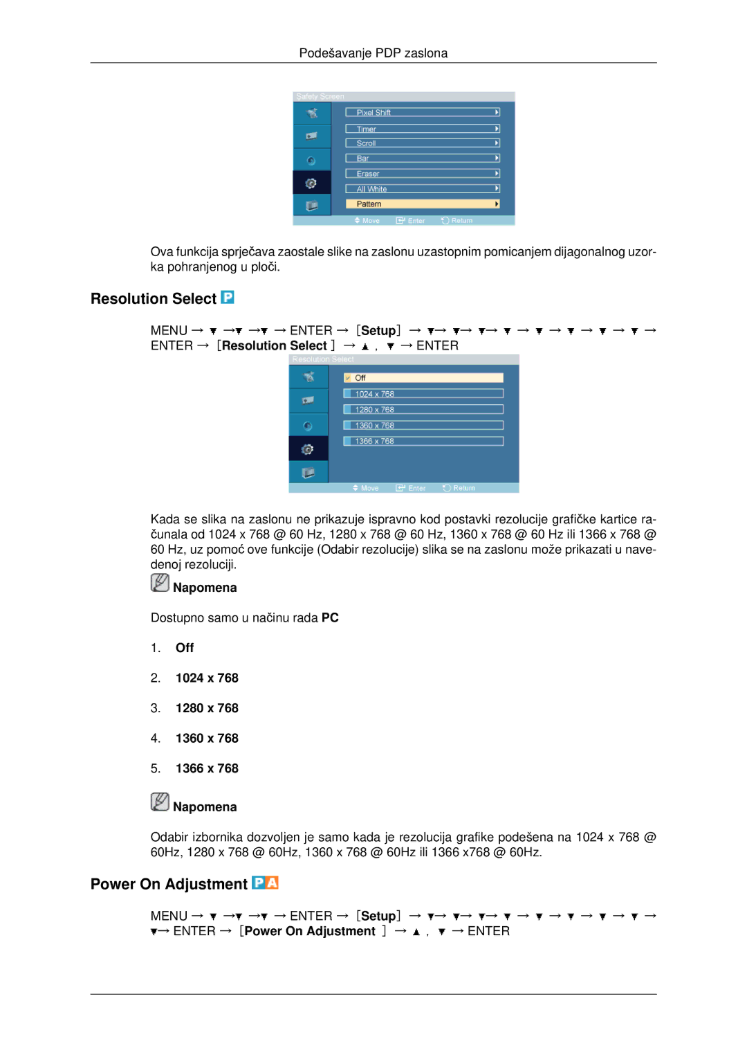 Samsung PH42KPPLBC/EN manual Resolution Select, Power On Adjustment, Off 1024 x 1280 x 1360 x 1366 x Napomena 