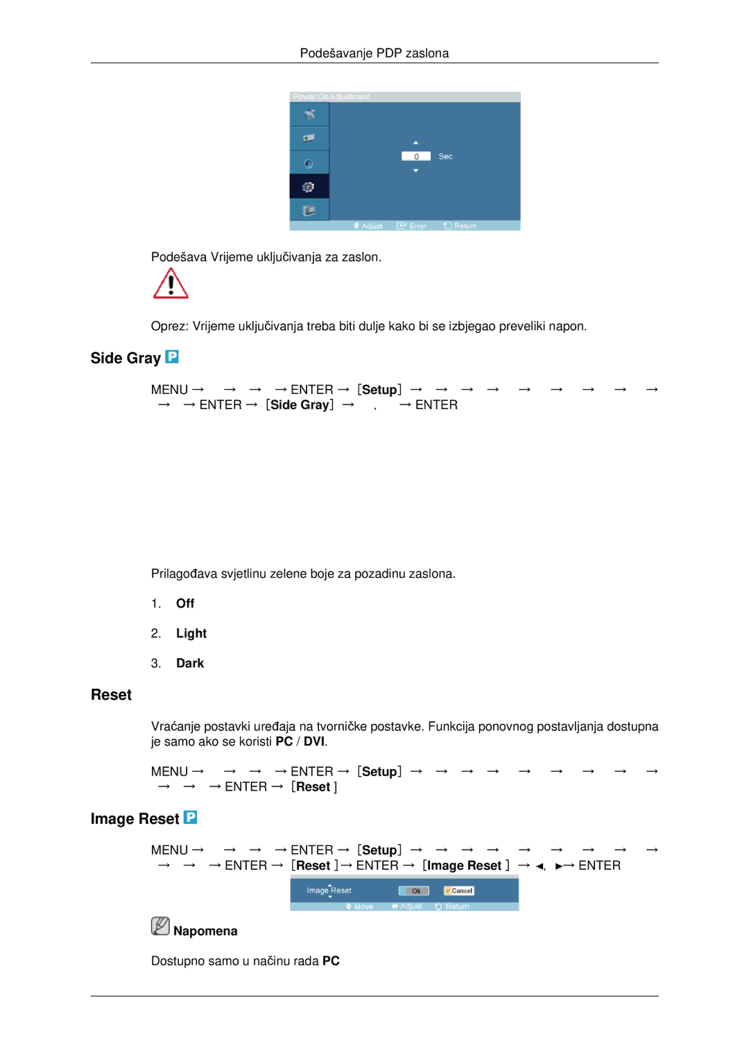 Samsung PH42KPPLBC/EN manual Side Gray, Image Reset, Off Light Dark 