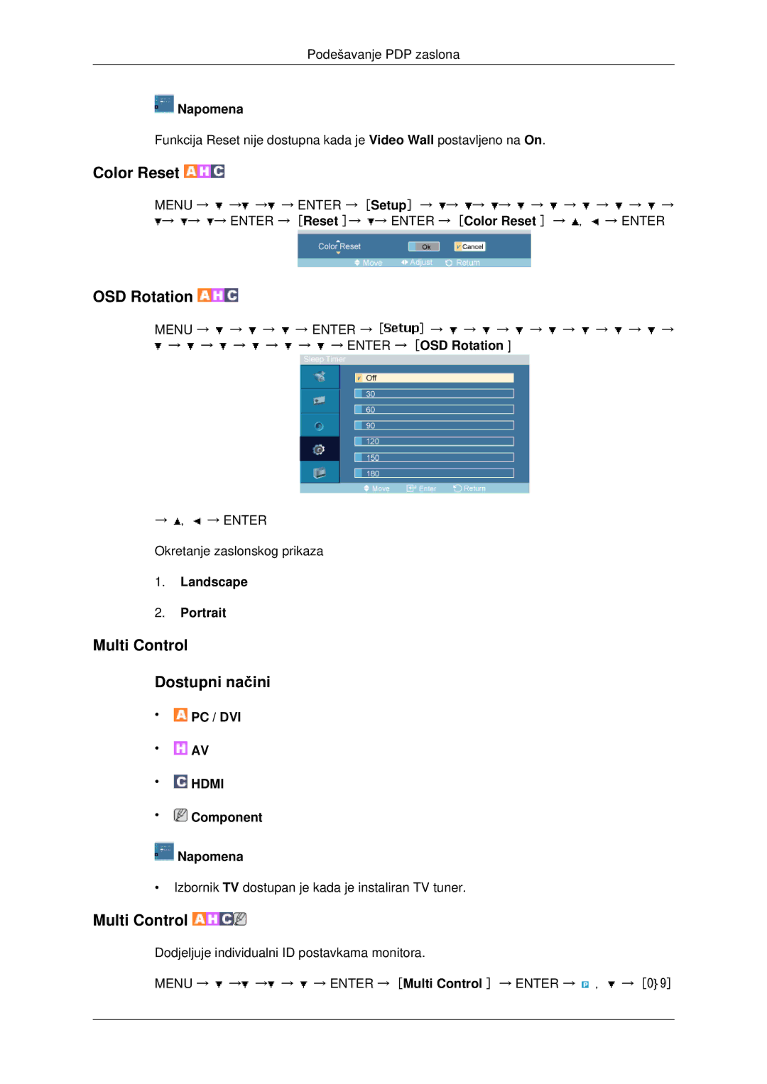 Samsung PH42KPPLBC/EN manual Color Reset, OSD Rotation, Multi Control Dostupni načini, Landscape Portrait 