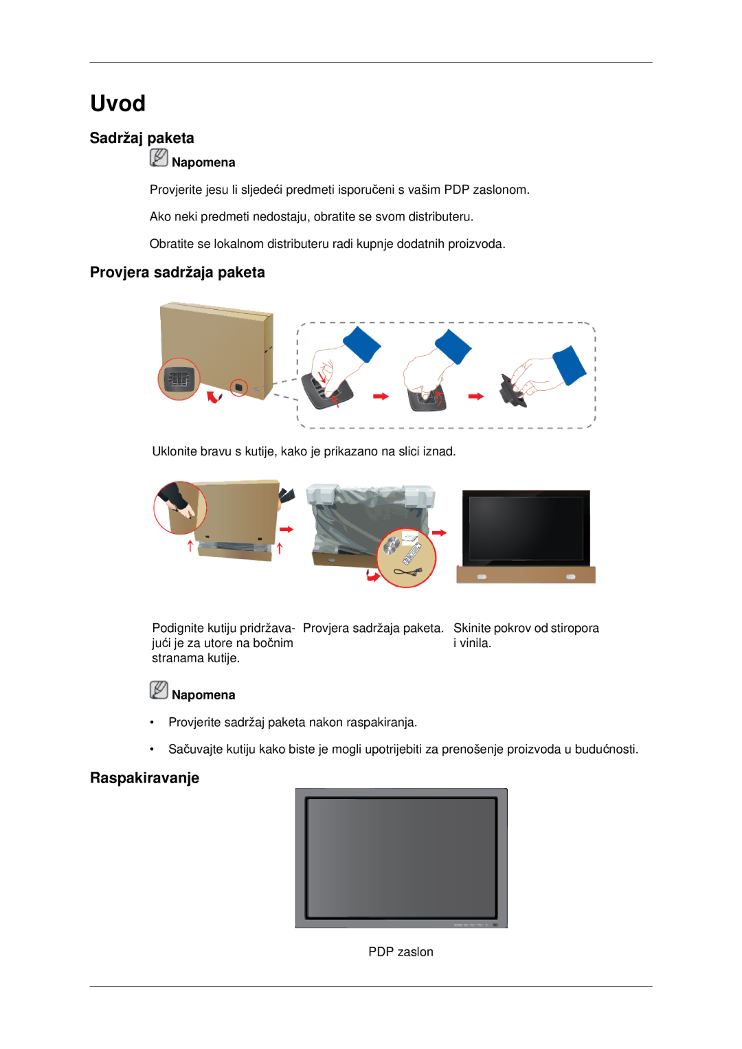 Samsung PH42KPPLBC/EN manual Sadržaj paketa, Provjera sadržaja paketa, Raspakiravanje 