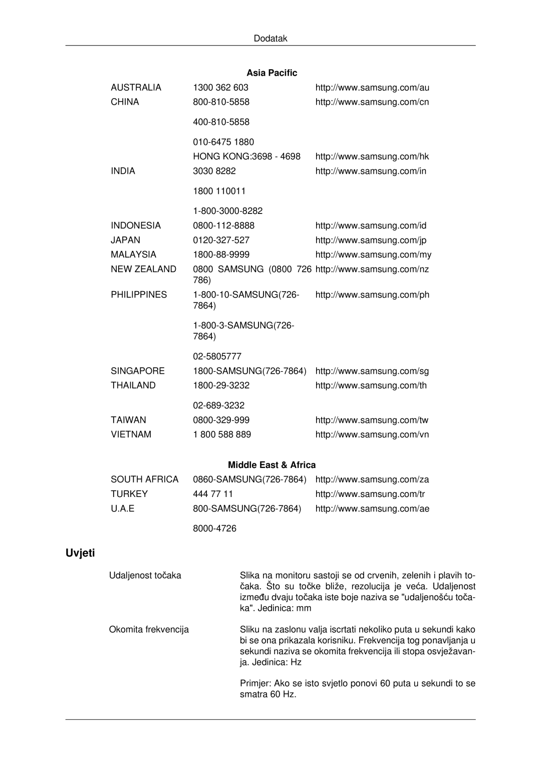 Samsung PH42KPPLBC/EN manual Uvjeti, Asia Pacific, Middle East & Africa 