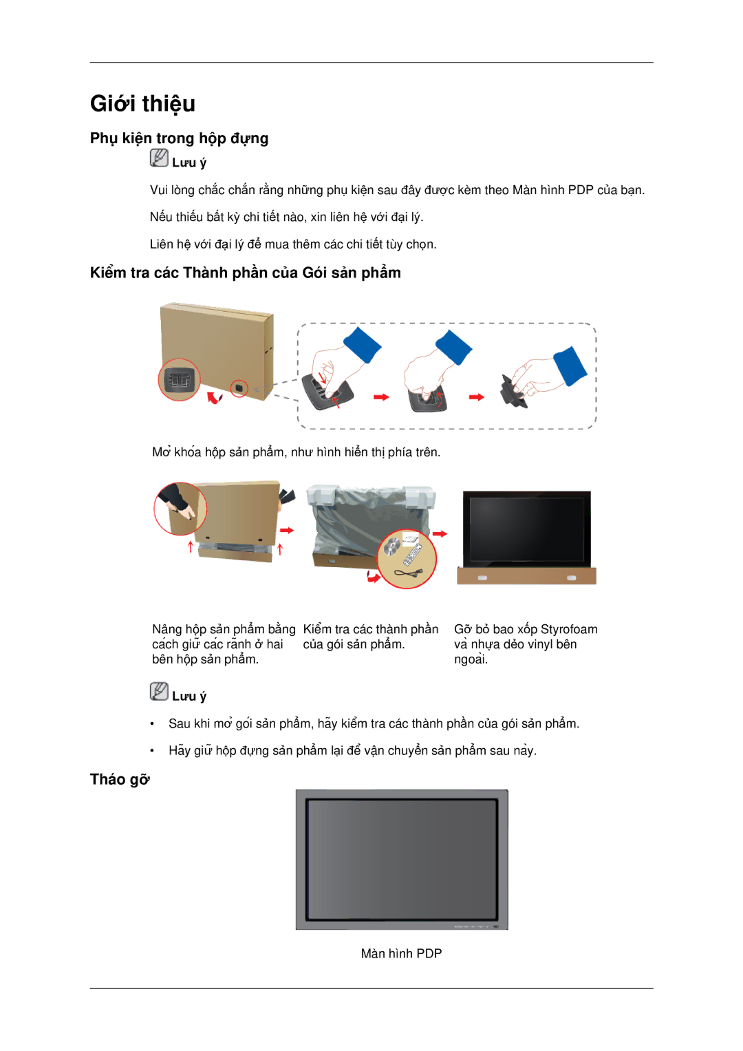 Samsung PH42KPPLBC/XV manual Phụkiêṇ trong hôp̣ đựng, Kiêm̉ tra các Thành phần của Gói sản phẩm, Tháo gỡ 