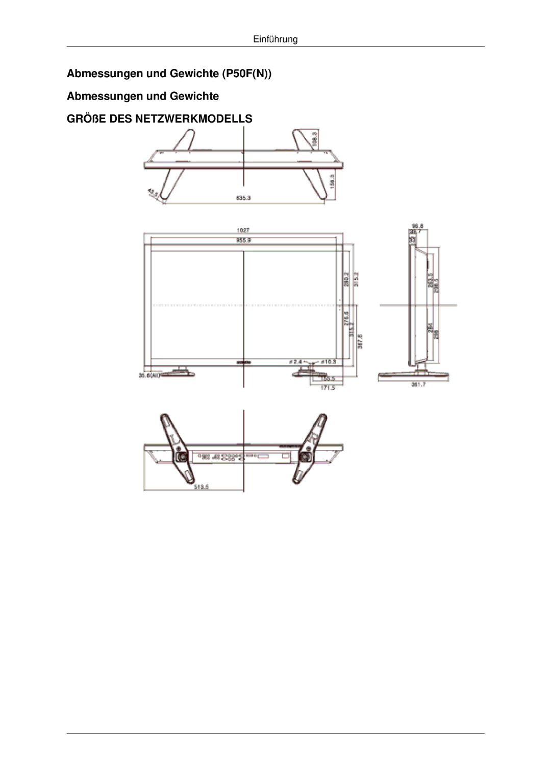 Samsung PH50KLFLBC/EN, PH63KLFLBC/EN manual Abmessungen und Gewichte P50FN GRÖßE DES Netzwerkmodells 