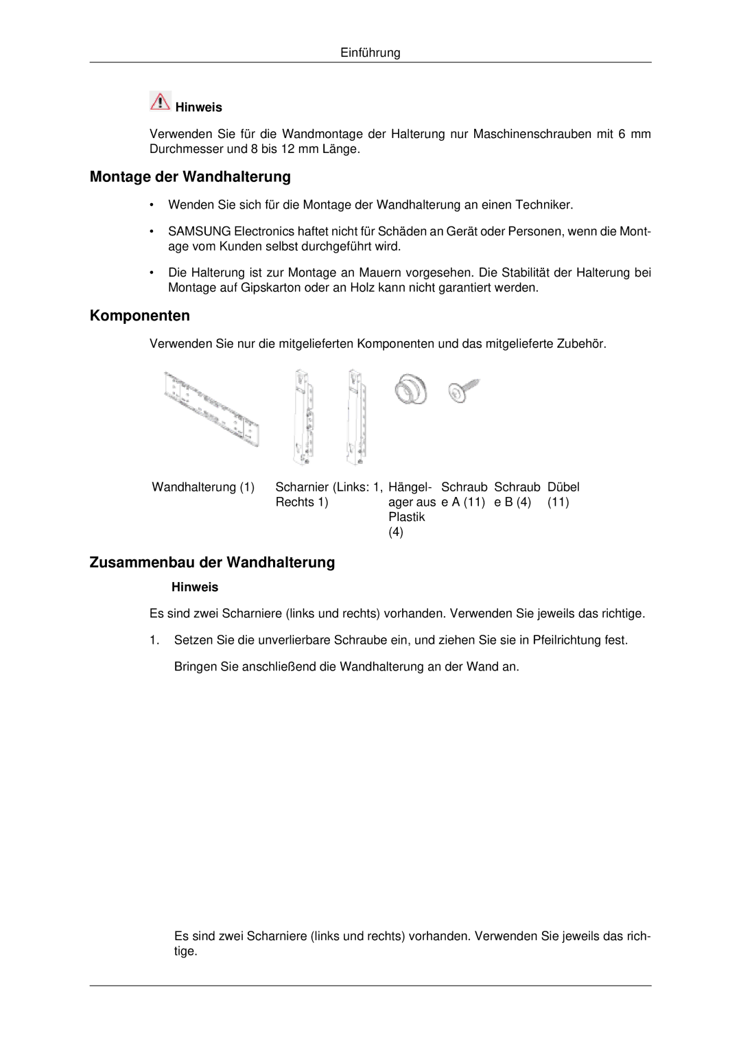 Samsung PH50KLFLBC/EN, PH63KLFLBC/EN manual Montage der Wandhalterung, Komponenten, Zusammenbau der Wandhalterung 