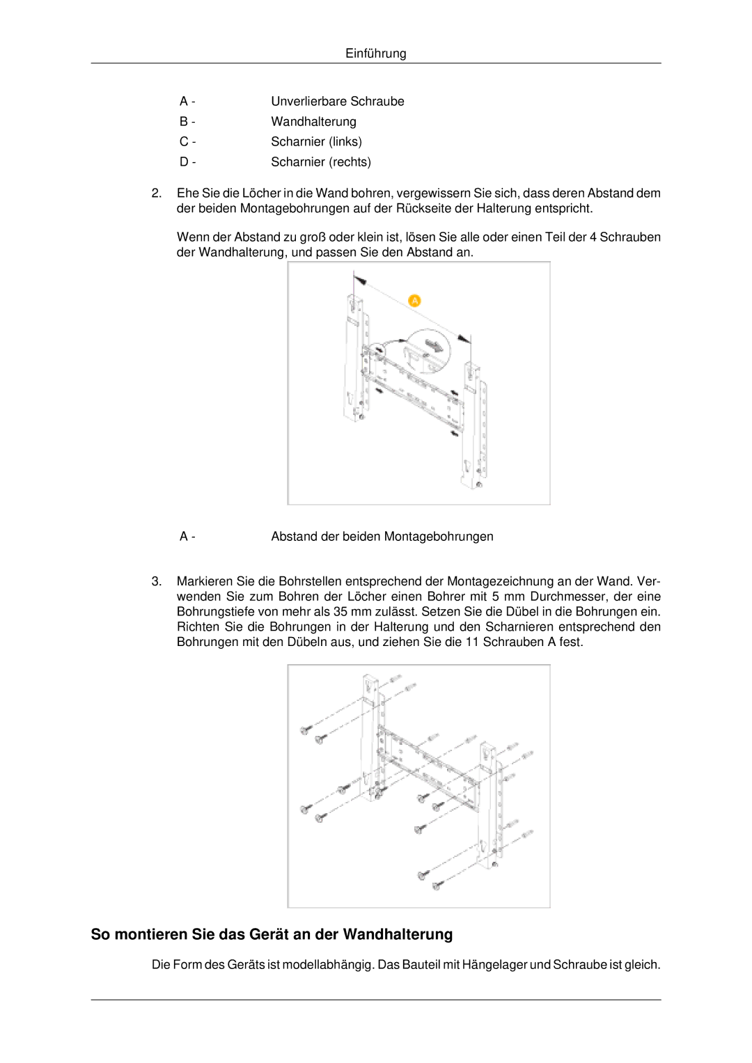 Samsung PH63KLFLBC/EN, PH50KLFLBC/EN manual So montieren Sie das Gerät an der Wandhalterung 