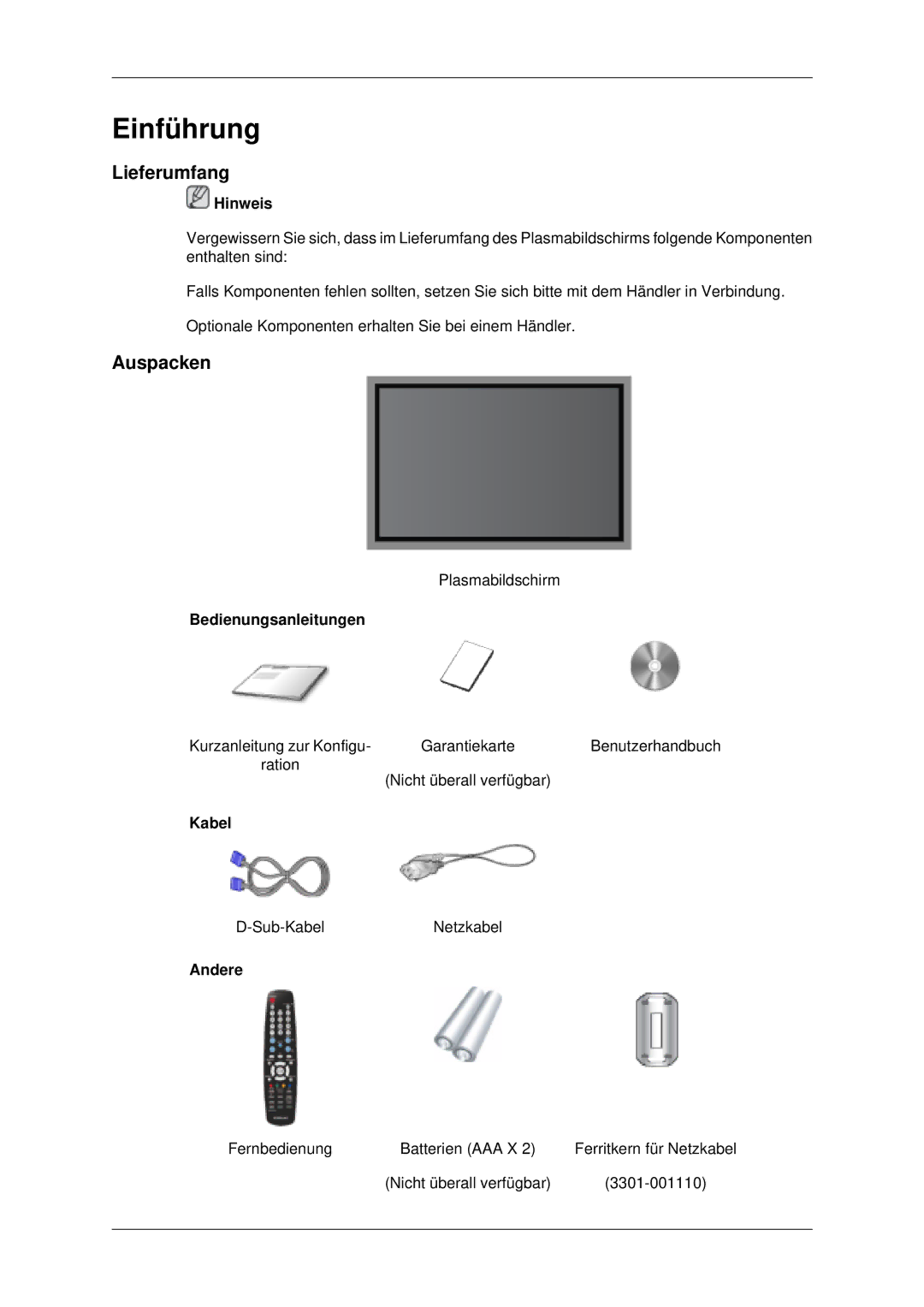 Samsung PH50KLFLBC/EN, PH63KLFLBC/EN manual Lieferumfang, Auspacken 