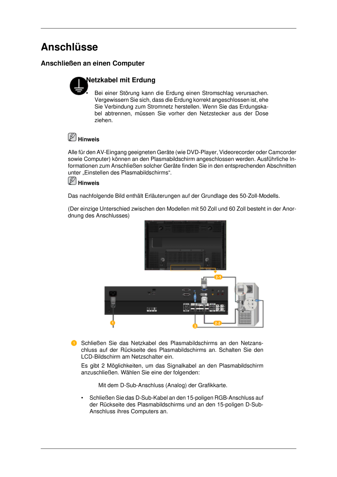 Samsung PH50KLFLBC/EN, PH63KLFLBC/EN manual Anschlüsse, Anschließen an einen Computer Netzkabel mit Erdung 