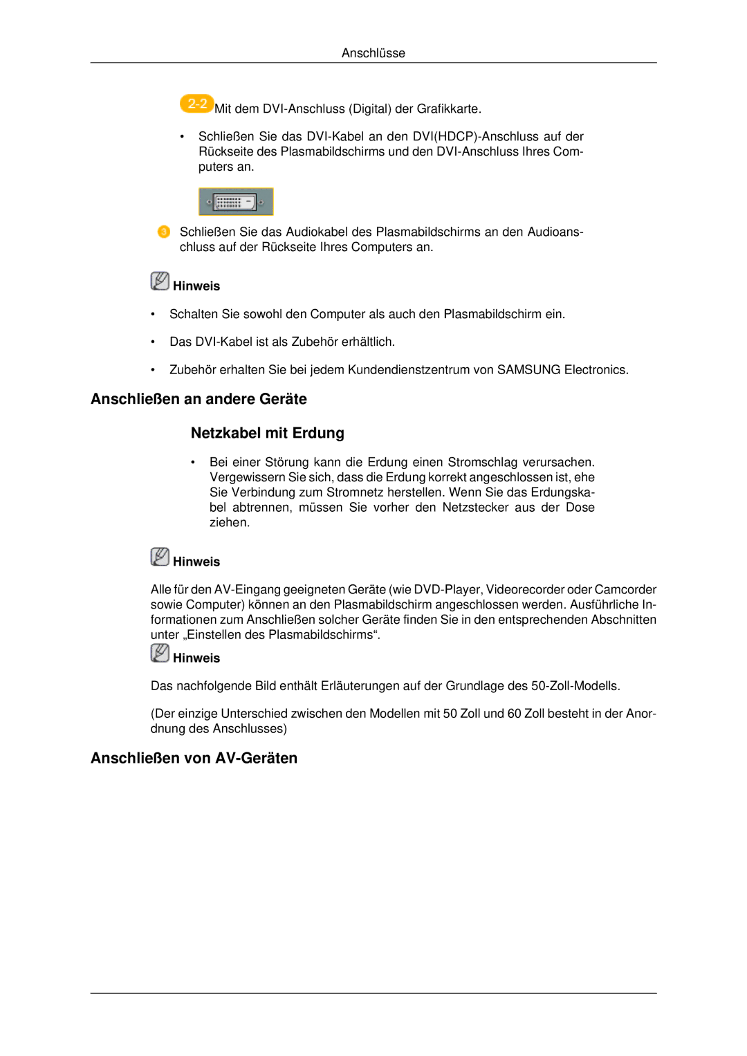 Samsung PH63KLFLBC/EN, PH50KLFLBC/EN manual Anschließen an andere Geräte Netzkabel mit Erdung, Anschließen von AV-Geräten 