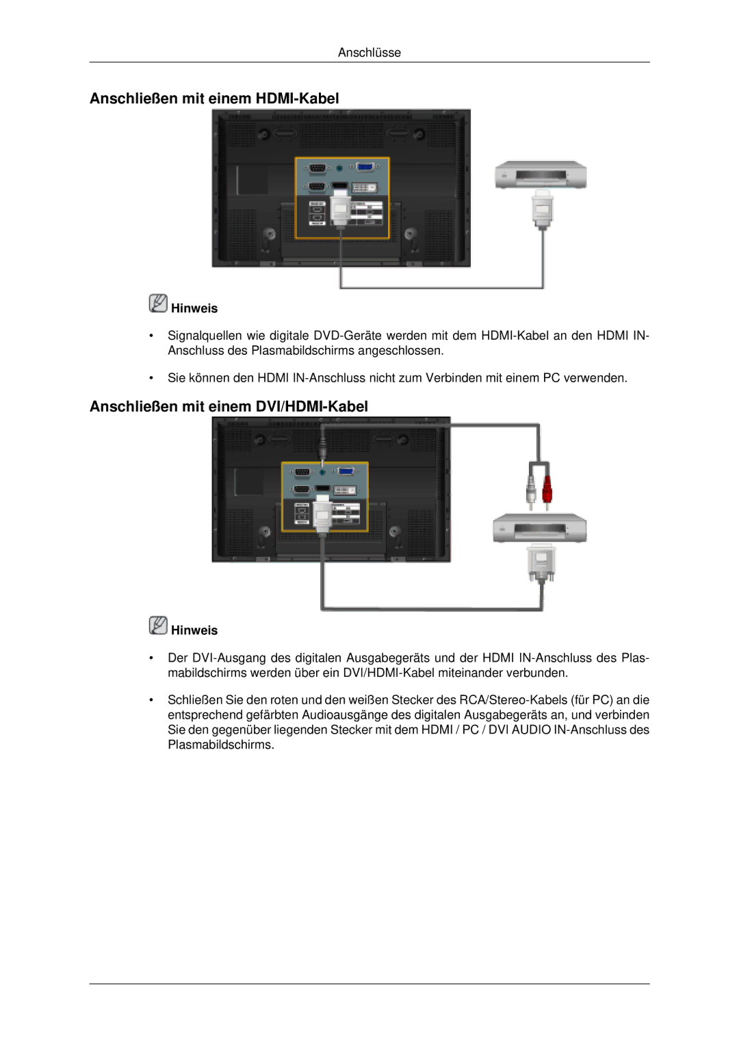 Samsung PH63KLFLBC/EN, PH50KLFLBC/EN manual Anschließen mit einem HDMI-Kabel, Anschließen mit einem DVI/HDMI-Kabel 