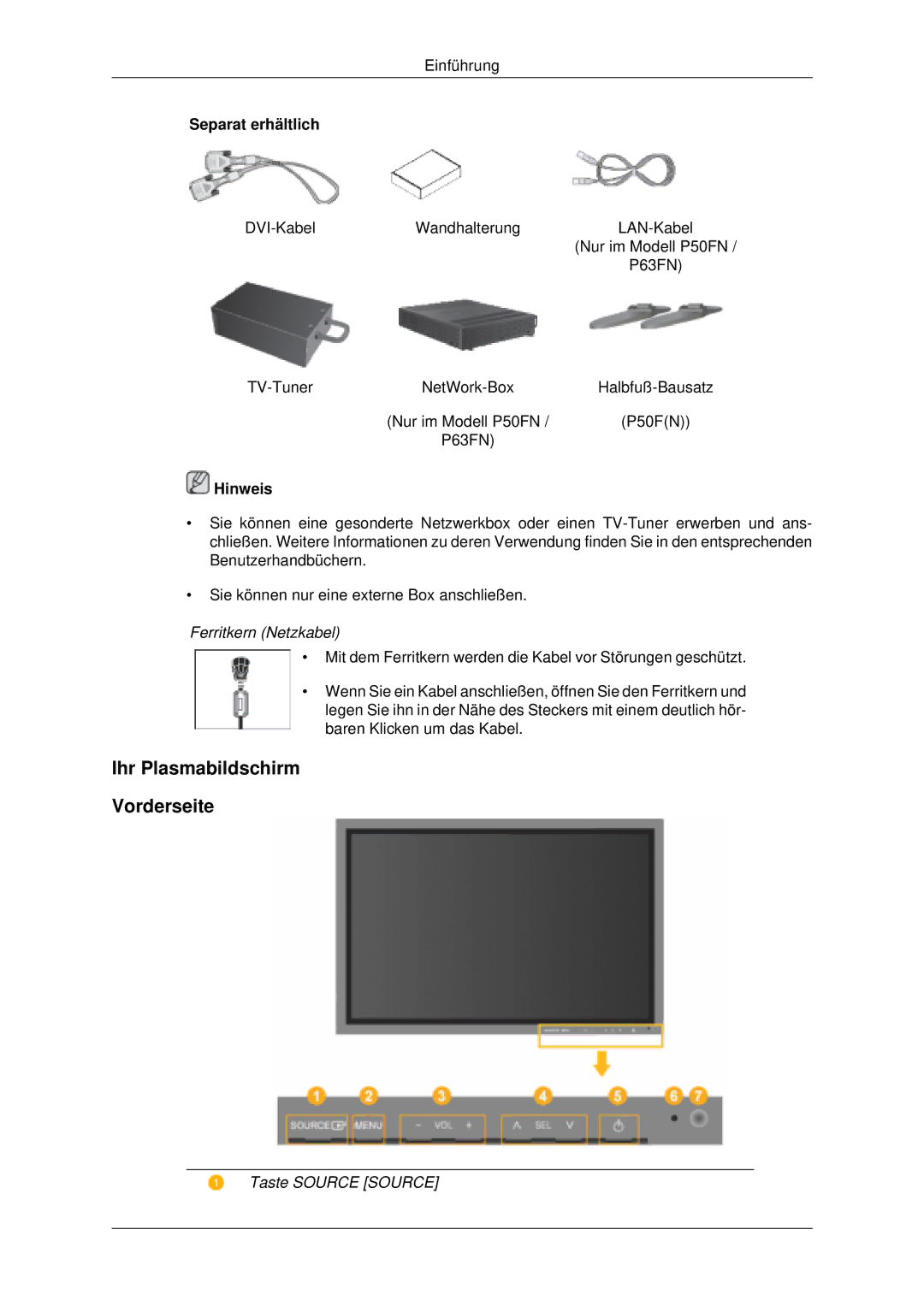 Samsung PH63KLFLBC/EN, PH50KLFLBC/EN manual Ihr Plasmabildschirm Vorderseite, Separat erhältlich 