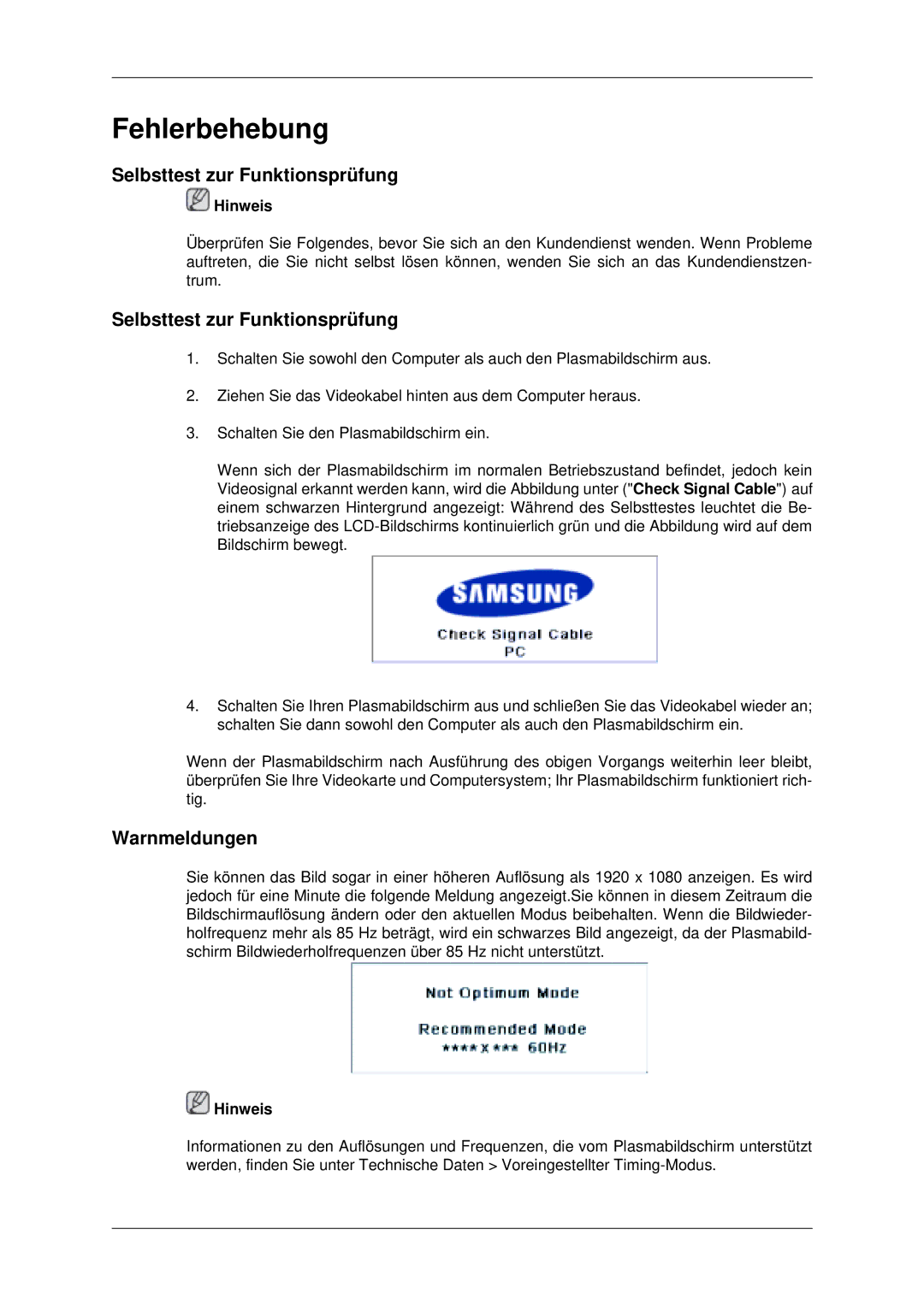 Samsung PH50KLFLBC/EN, PH63KLFLBC/EN manual Selbsttest zur Funktionsprüfung, Warnmeldungen 