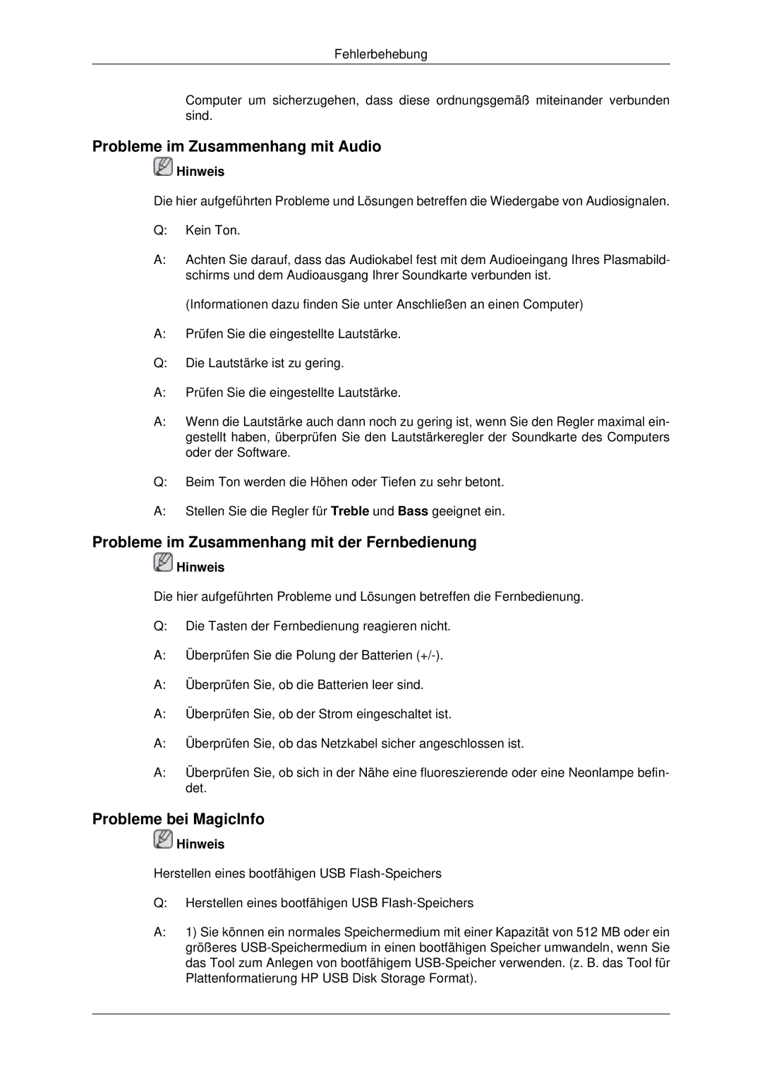 Samsung PH50KLFLBC/EN, PH63KLFLBC/EN Probleme im Zusammenhang mit Audio, Probleme im Zusammenhang mit der Fernbedienung 