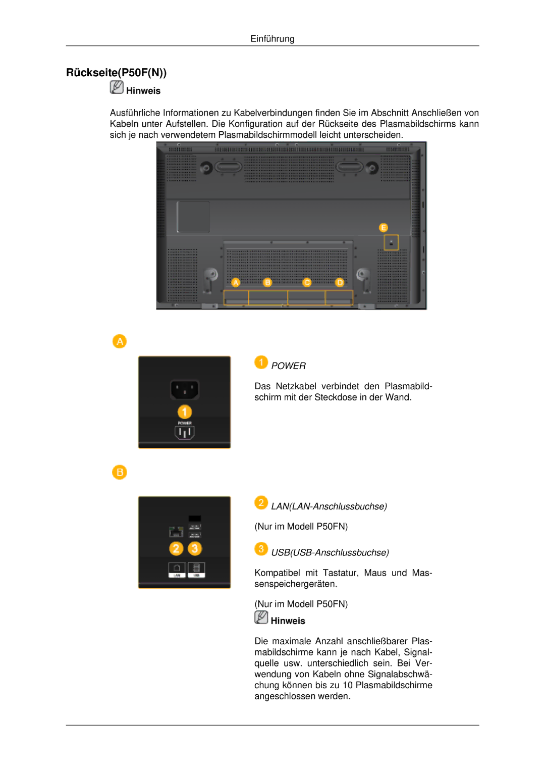 Samsung PH63KLFLBC/EN, PH50KLFLBC/EN manual RückseiteP50FN, Power 