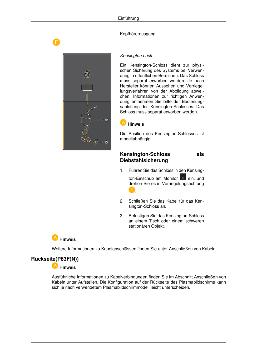 Samsung PH63KLFLBC/EN, PH50KLFLBC/EN manual Kensington-Schlossals Diebstahlsicherung, RückseiteP63FN 