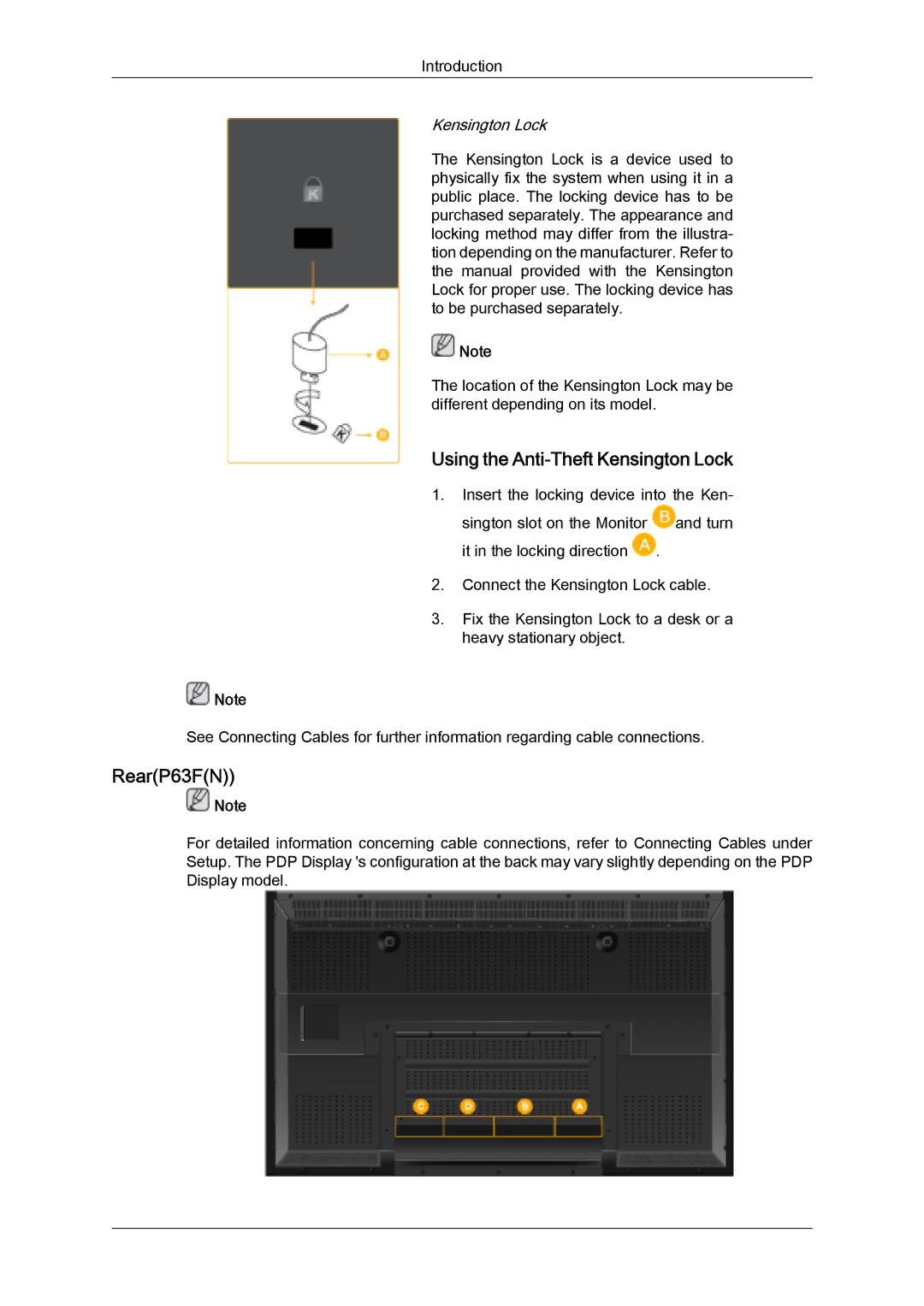 Samsung PH63KLFLBC/EN, PH50KLFLBC/EN, PH63KLZLBC/EN, PH63KLFLBC/ZA manual Using the Anti-Theft Kensington Lock, RearP63FN 