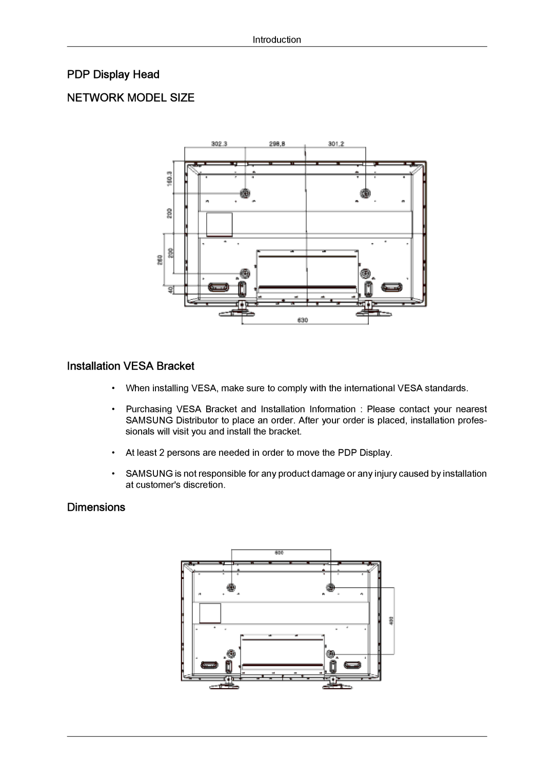 Samsung PH63KLZLBC/EN, PH50KLFLBC/EN, PH63KLFLBC/EN, PH63KLFLBC/ZA PDP Display Head, Installation Vesa Bracket, Dimensions 