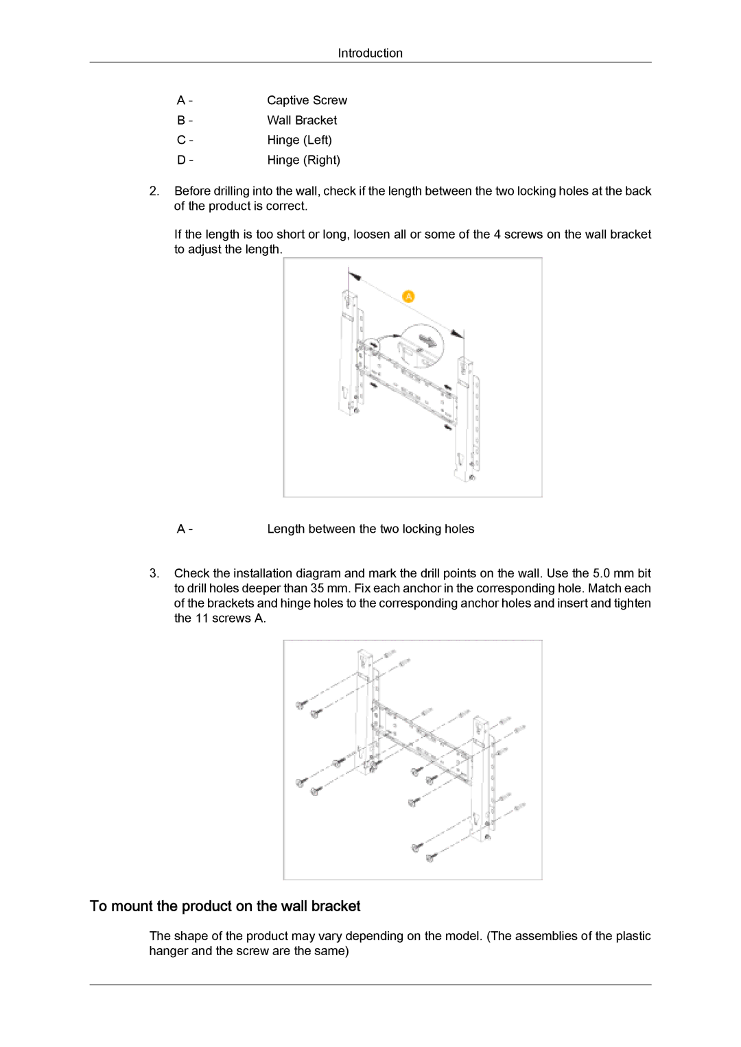 Samsung PH63KLFLBC/ZA, PH50KLFLBC/EN, PH63KLZLBC/EN, PH63KLFLBC/EN manual To mount the product on the wall bracket 