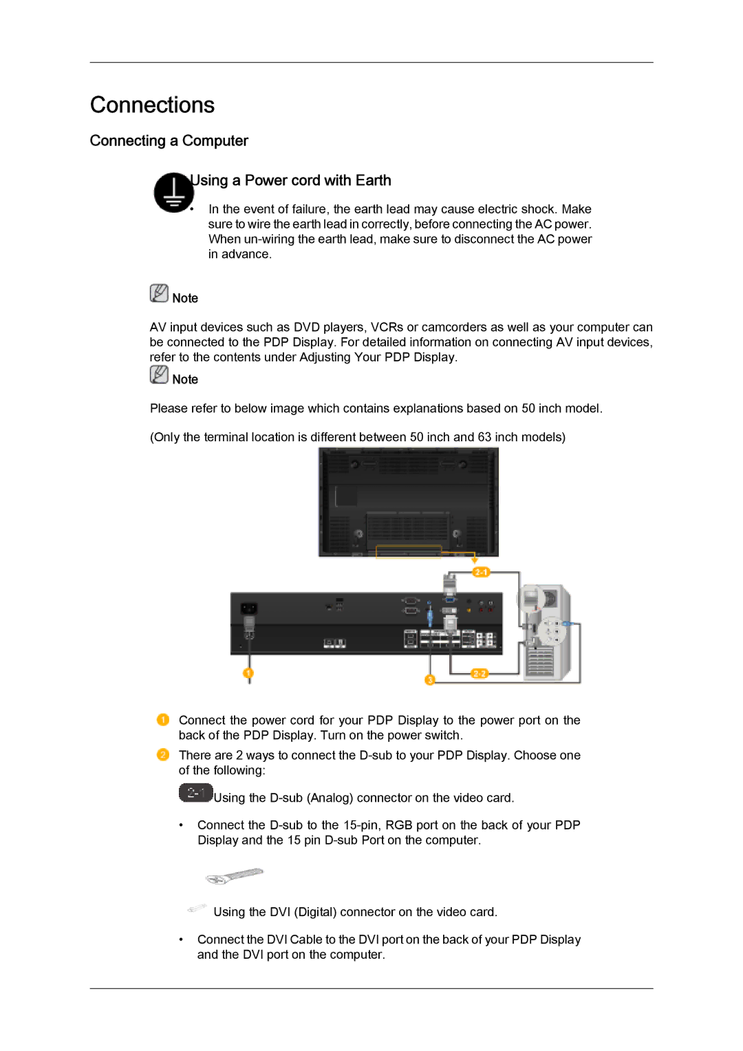 Samsung PH63KLFLBC/ZA, PH50KLFLBC/EN, PH63KLZLBC/EN manual Connections, Connecting a Computer Using a Power cord with Earth 