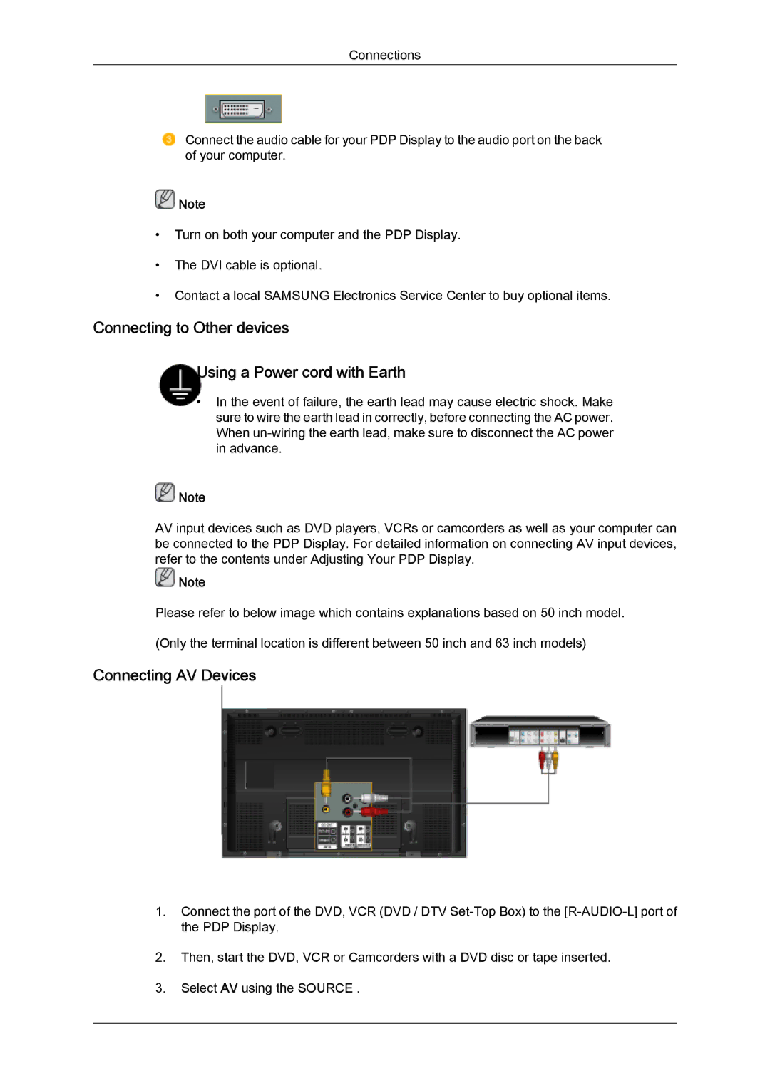 Samsung PH50KLFLBC/EN, PH63KLZLBC/EN manual Connecting to Other devices Using a Power cord with Earth, Connecting AV Devices 