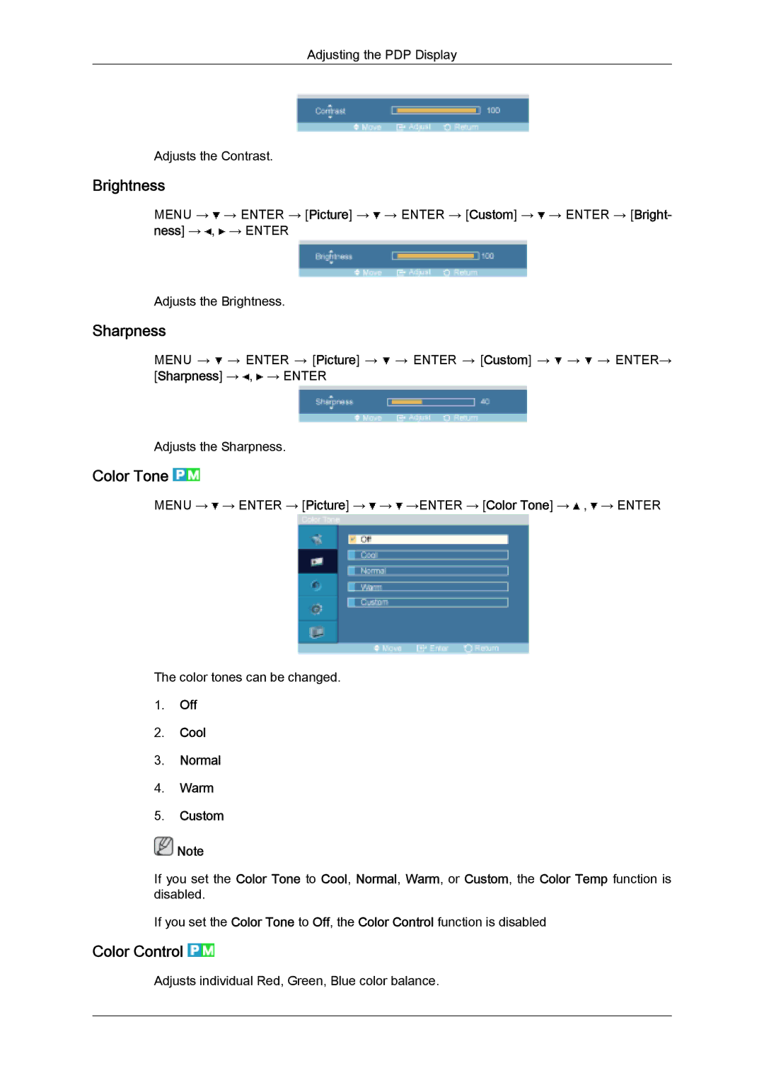 Samsung PH63KLFLBC/ZA, PH50KLFLBC/EN manual Brightness, Sharpness, Color Tone, Color Control, Off Cool Normal Warm Custom 