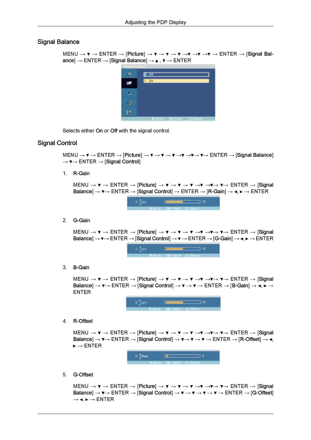 Samsung PH63KLFLBC/EN, PH50KLFLBC/EN, PH63KLZLBC/EN, PH63KLFLBC/ZA manual → → Enter → Signal Control Gain, Offset 