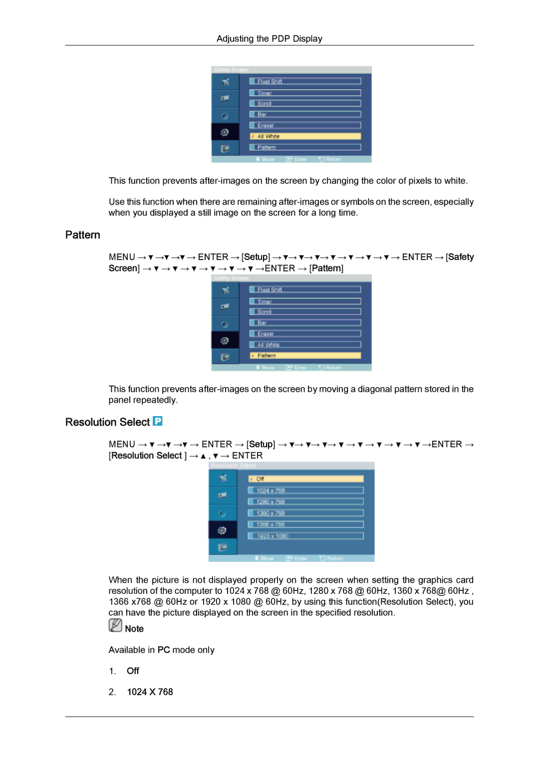 Samsung PH50KLFLBC/EN, PH63KLZLBC/EN, PH63KLFLBC/EN, PH63KLFLBC/ZA Pattern, Resolution Select → , → Enter, Off 1024 X 