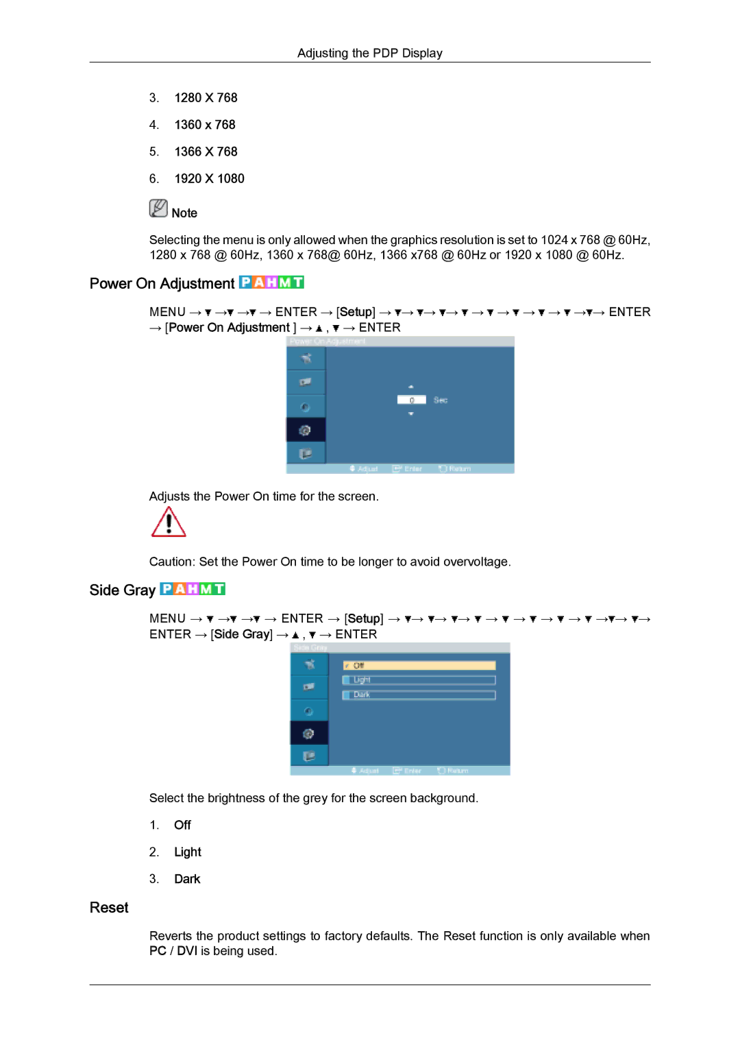 Samsung PH63KLZLBC/EN, PH50KLFLBC/EN, PH63KLFLBC/EN, PH63KLFLBC/ZA manual Power On Adjustment, Side Gray, Reset 