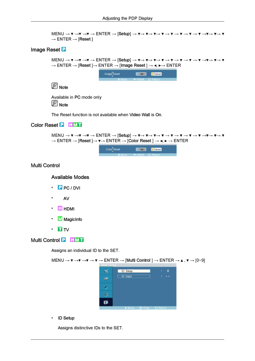 Samsung PH63KLFLBC/EN, PH50KLFLBC/EN, PH63KLZLBC/EN manual Image Reset, Color Reset, Multi Control Available Modes, ID Setup 
