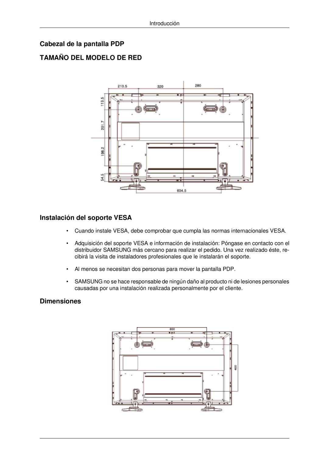 Samsung PH63KLFLBC/ZA, PH50KLFLBC/EN, PH63KLZLBC/EN Cabezal de la pantalla PDP, Instalación del soporte Vesa, Dimensiones 