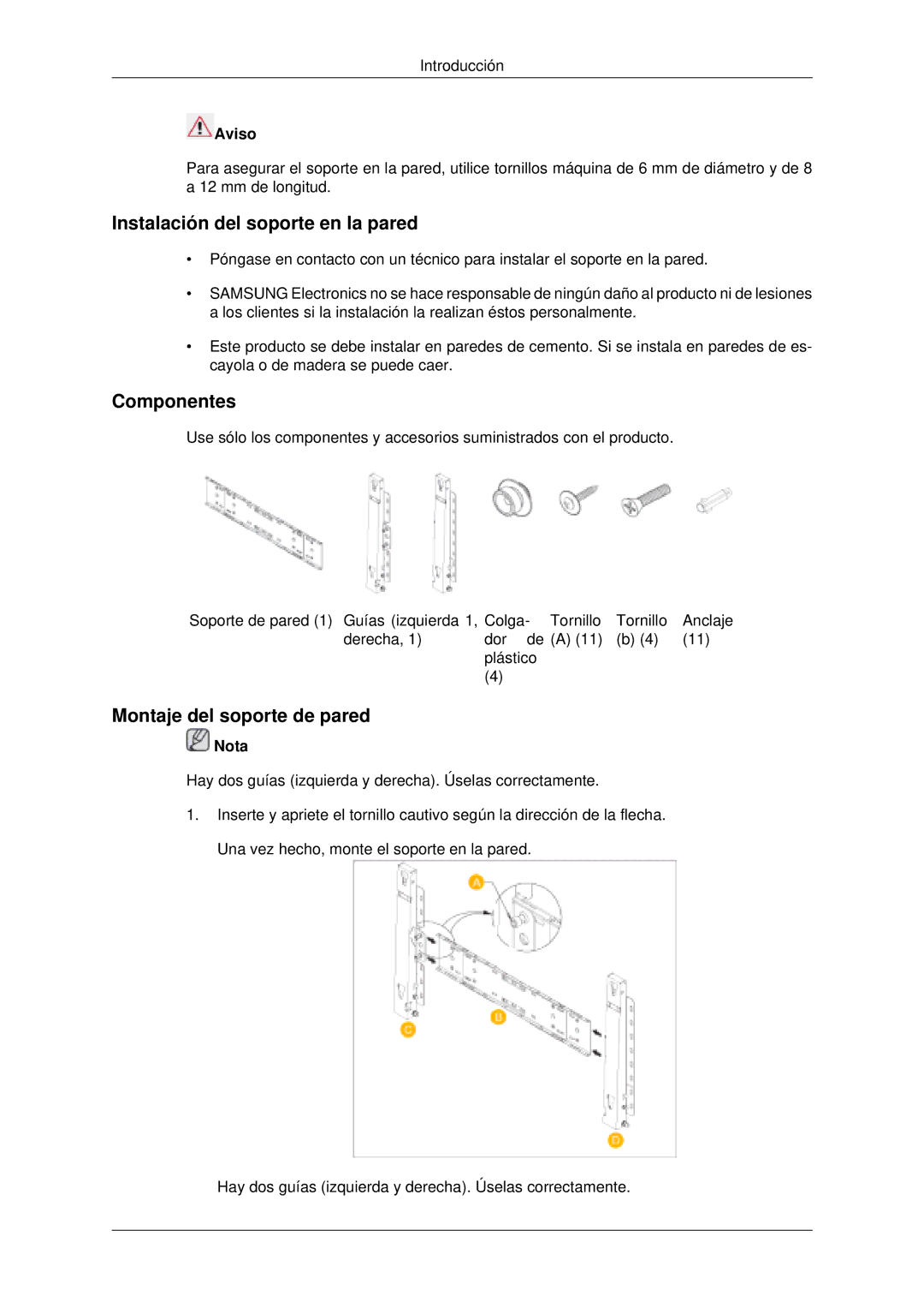 Samsung PH50KLFLBC/EN, PH63KLZLBC/EN manual Instalación del soporte en la pared, Componentes, Montaje del soporte de pared 