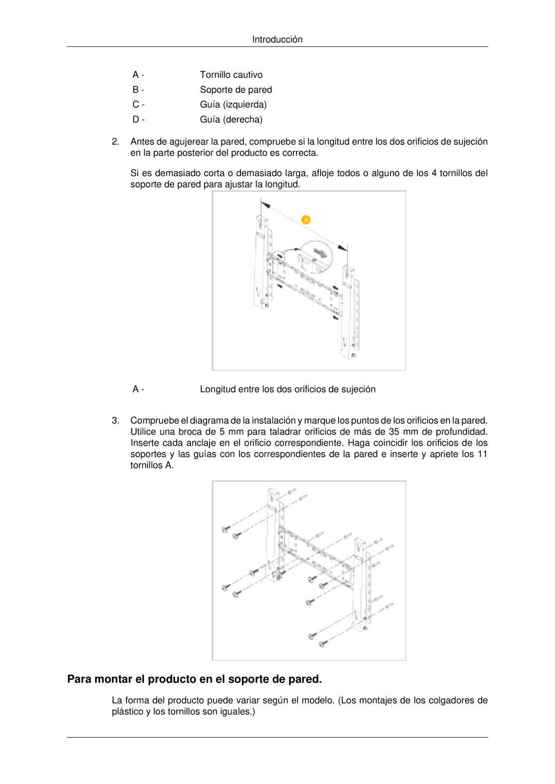 Samsung PH63KLZLBC/EN, PH50KLFLBC/EN, PH63KLFLBC/EN, PH63KLFLBC/ZA manual Para montar el producto en el soporte de pared 