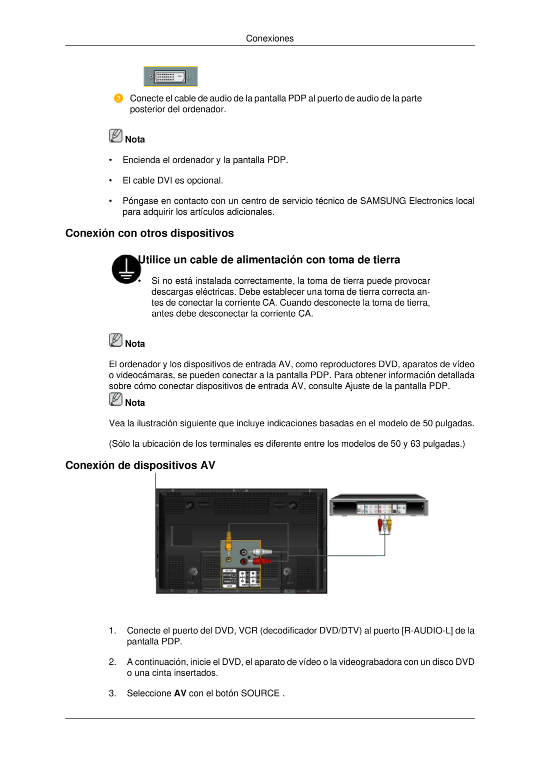 Samsung PH63KLFLBC/ZA, PH50KLFLBC/EN, PH63KLZLBC/EN, PH63KLFLBC/EN manual Conexión de dispositivos AV 