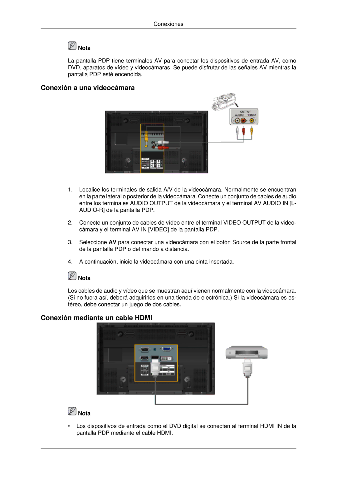 Samsung PH50KLFLBC/EN, PH63KLZLBC/EN, PH63KLFLBC/EN manual Conexión a una videocámara, Conexión mediante un cable Hdmi 