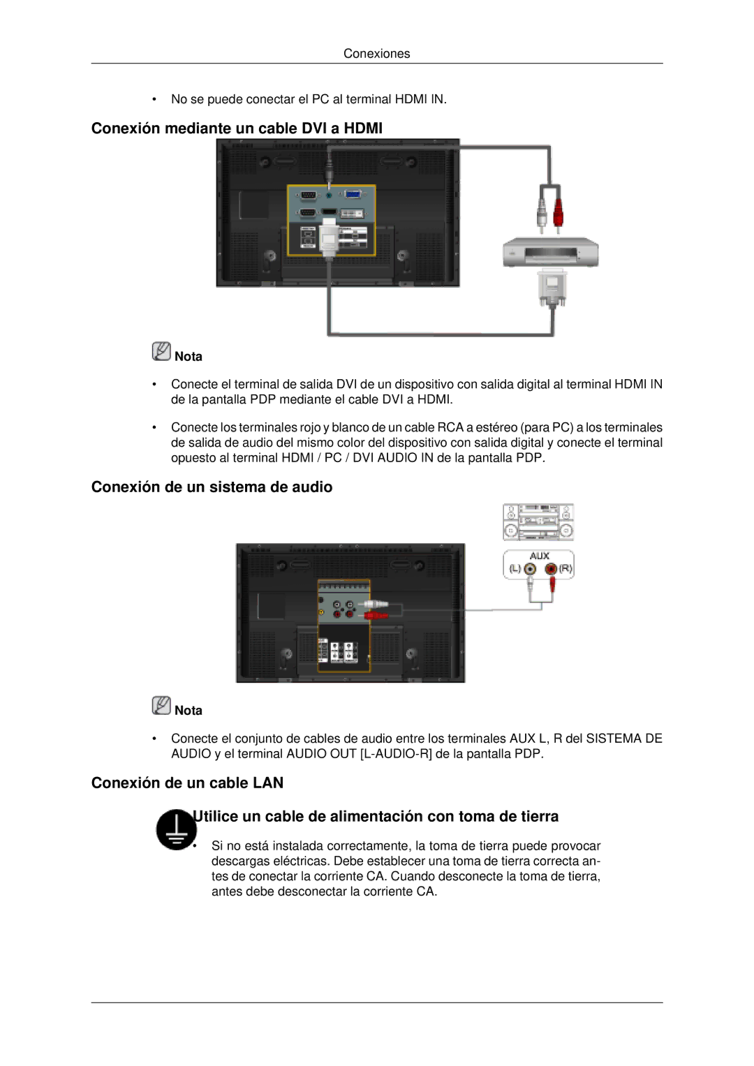 Samsung PH63KLZLBC/EN, PH50KLFLBC/EN, PH63KLFLBC/EN Conexión mediante un cable DVI a Hdmi, Conexión de un sistema de audio 