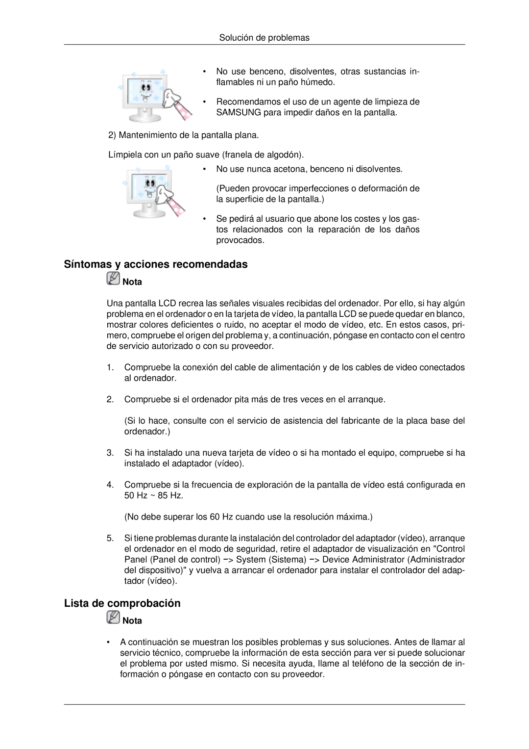 Samsung PH63KLZLBC/EN, PH50KLFLBC/EN, PH63KLFLBC/EN, PH63KLFLBC/ZA Síntomas y acciones recomendadas, Lista de comprobación 