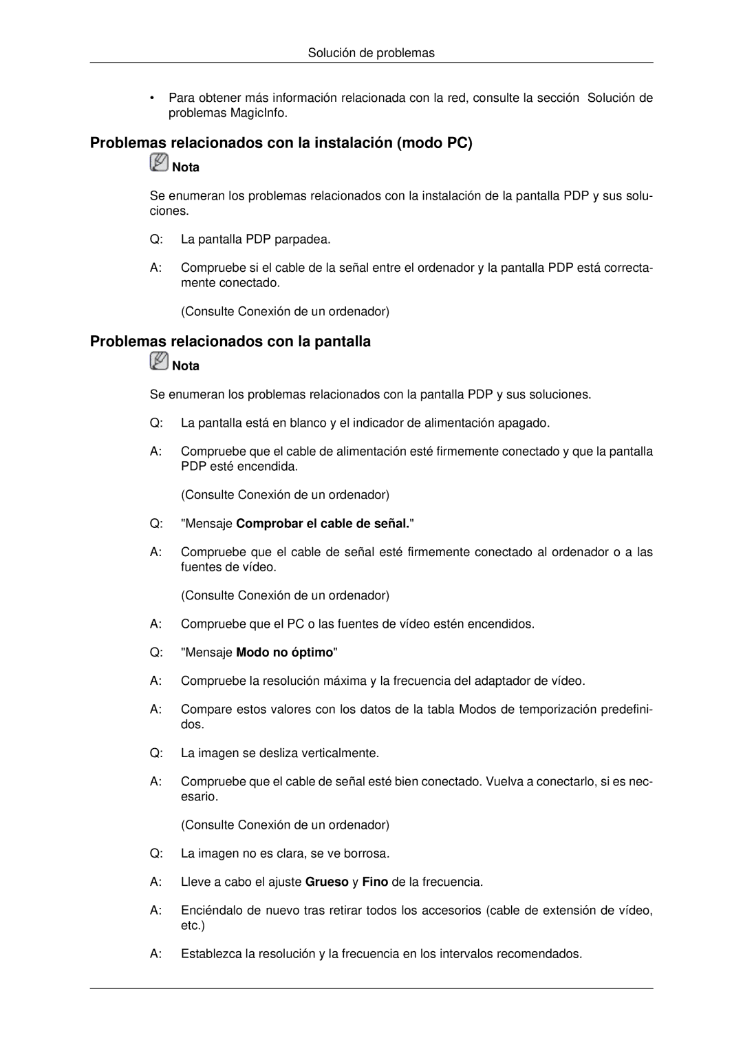 Samsung PH63KLFLBC/EN manual Problemas relacionados con la instalación modo PC, Problemas relacionados con la pantalla 