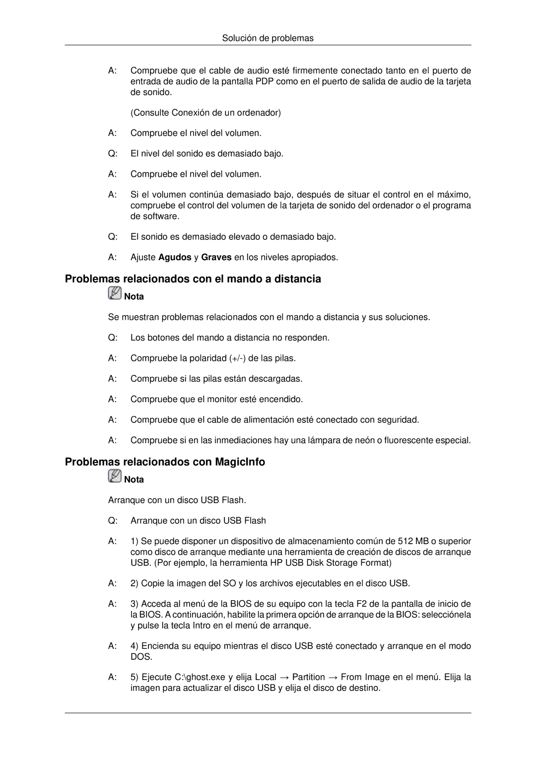 Samsung PH50KLFLBC/EN, PH63KLZLBC/EN Problemas relacionados con el mando a distancia, Problemas relacionados con MagicInfo 