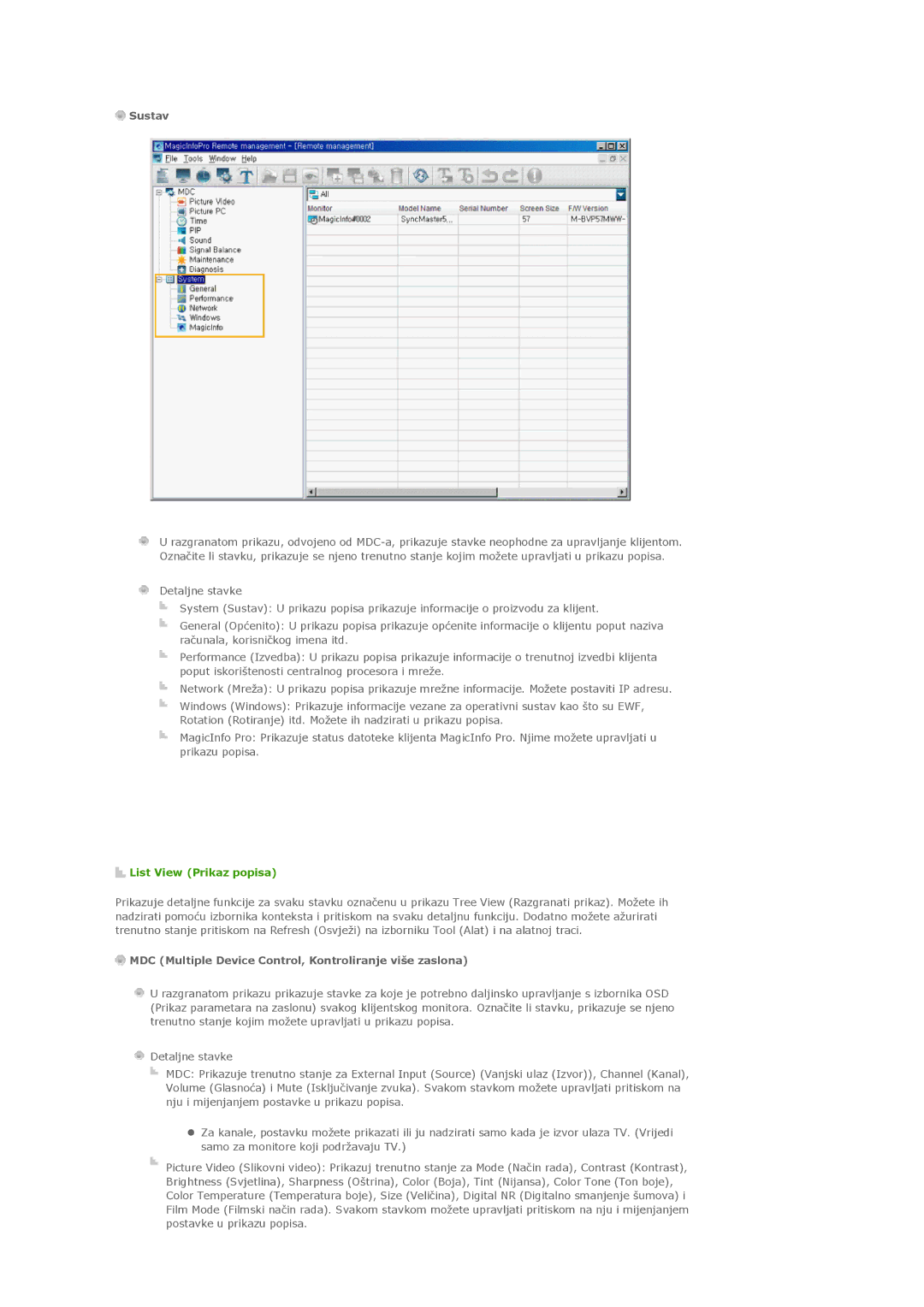 Samsung PH50KLPLBC/EN, PH42KLPLBC/EN manual Sustav, List View Prikaz popisa 