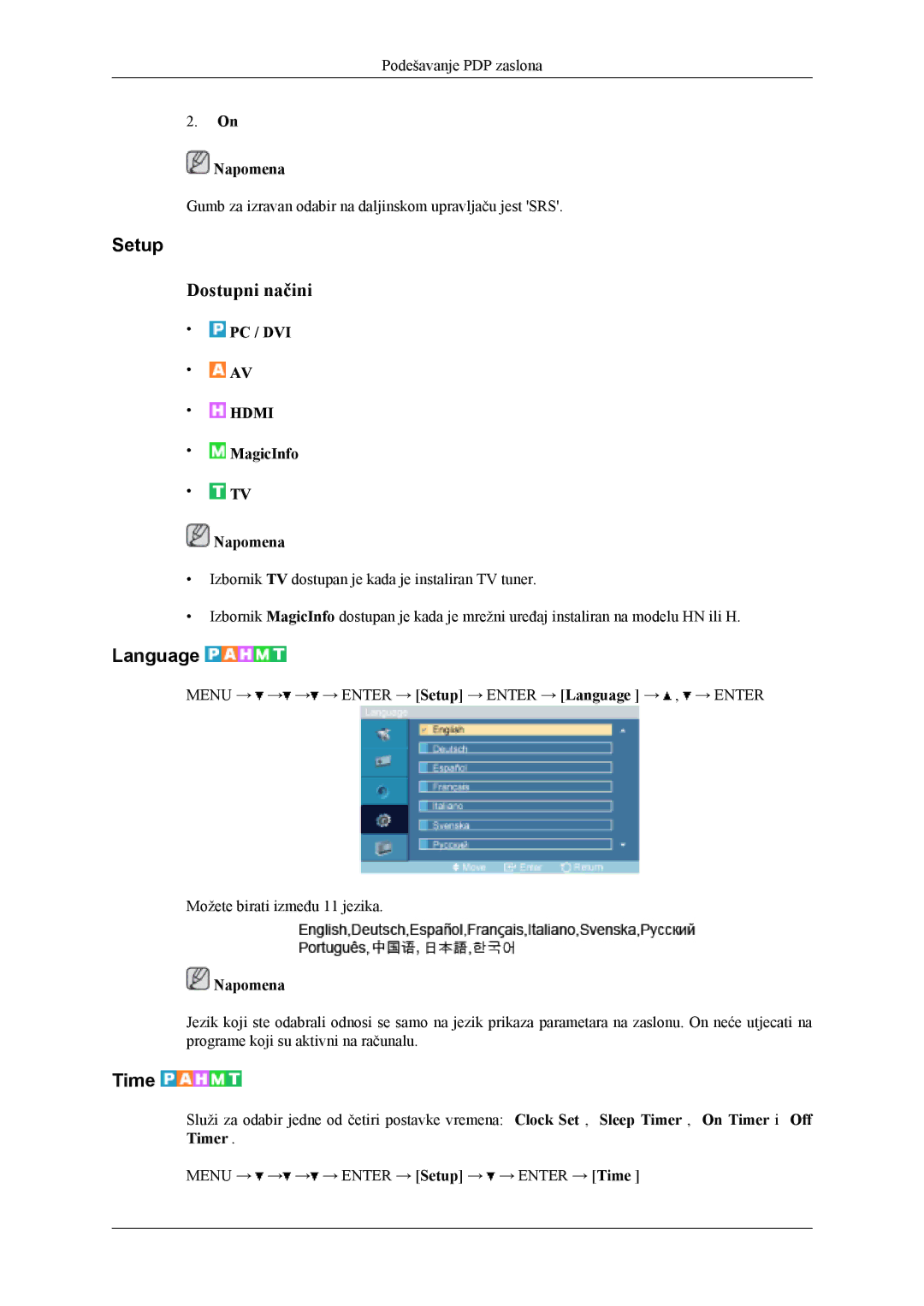 Samsung PH42KLPLBC/EN, PH50KLPLBC/EN manual Setup, Language, Time 