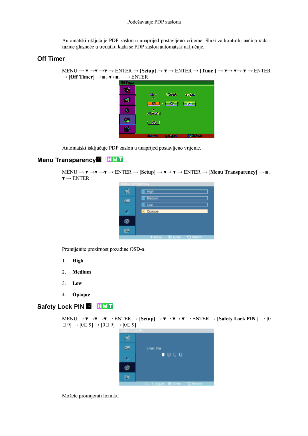 Samsung PH42KLPLBC/EN, PH50KLPLBC/EN manual Off Timer, Menu Transparency, Safety Lock PIN, High Medium Low Opaque 